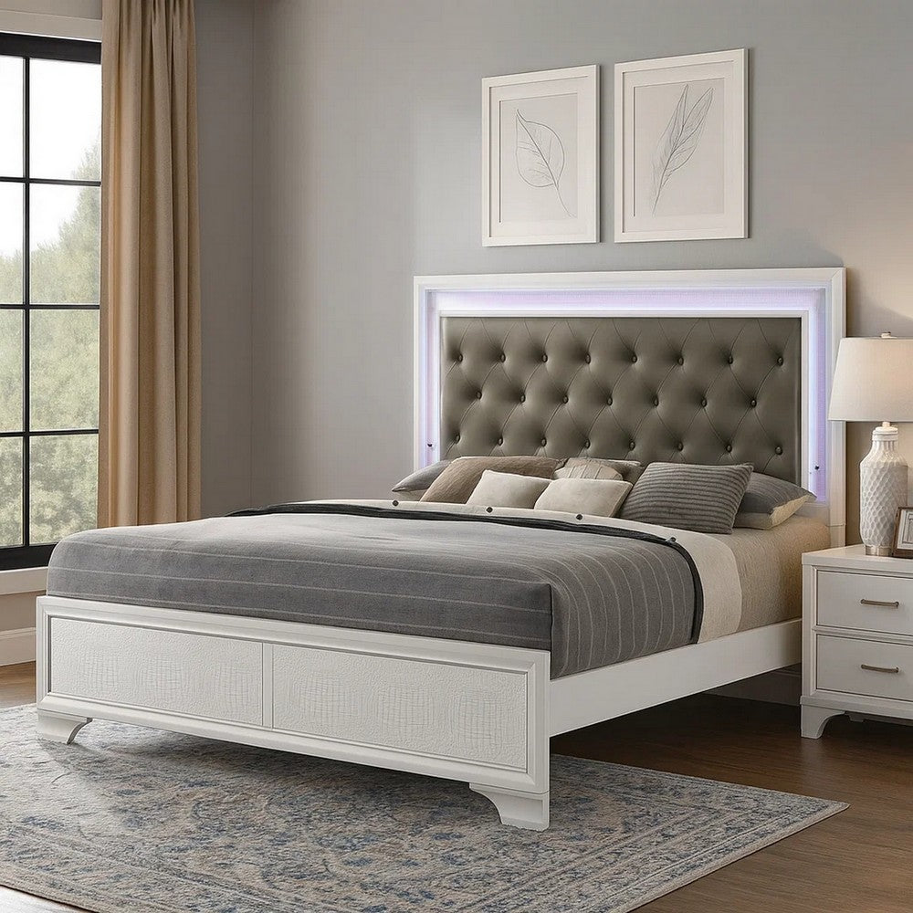 Lise King Size Bed, Gray Fabric Upholstery, LED Lit, Modern White Wood By Casagear Home