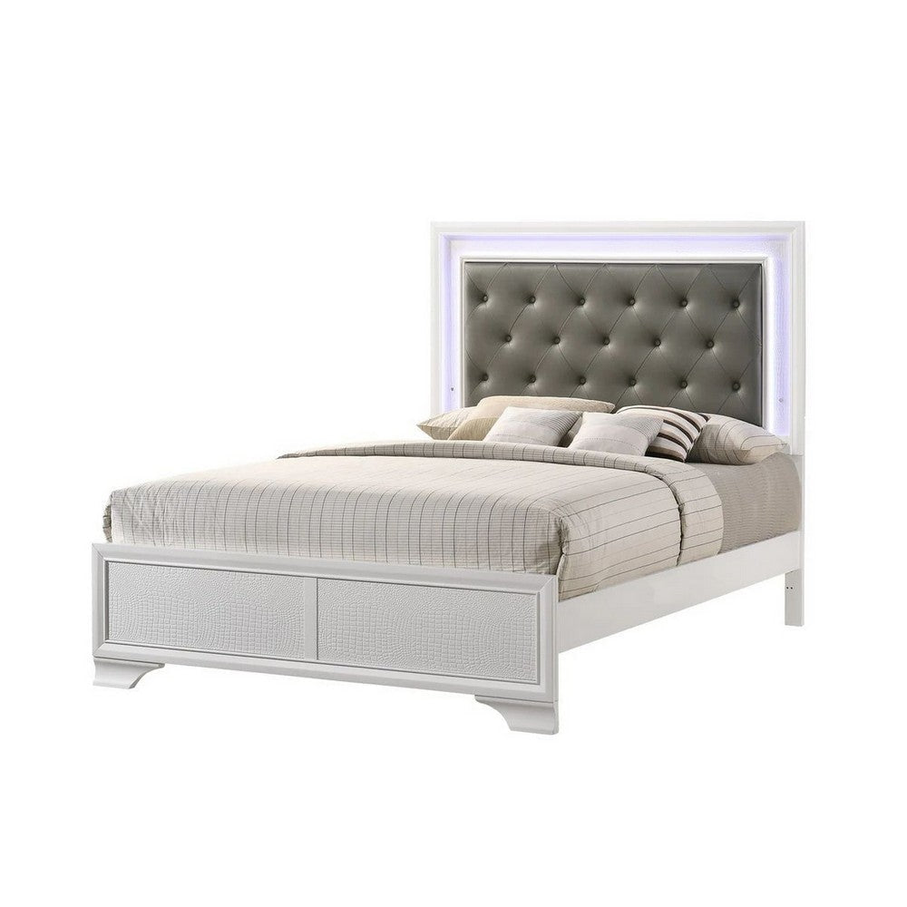 Lise Queen Size Bed Gray Fabric Upholstery LED Lit Modern White Wood By Casagear Home BM307297