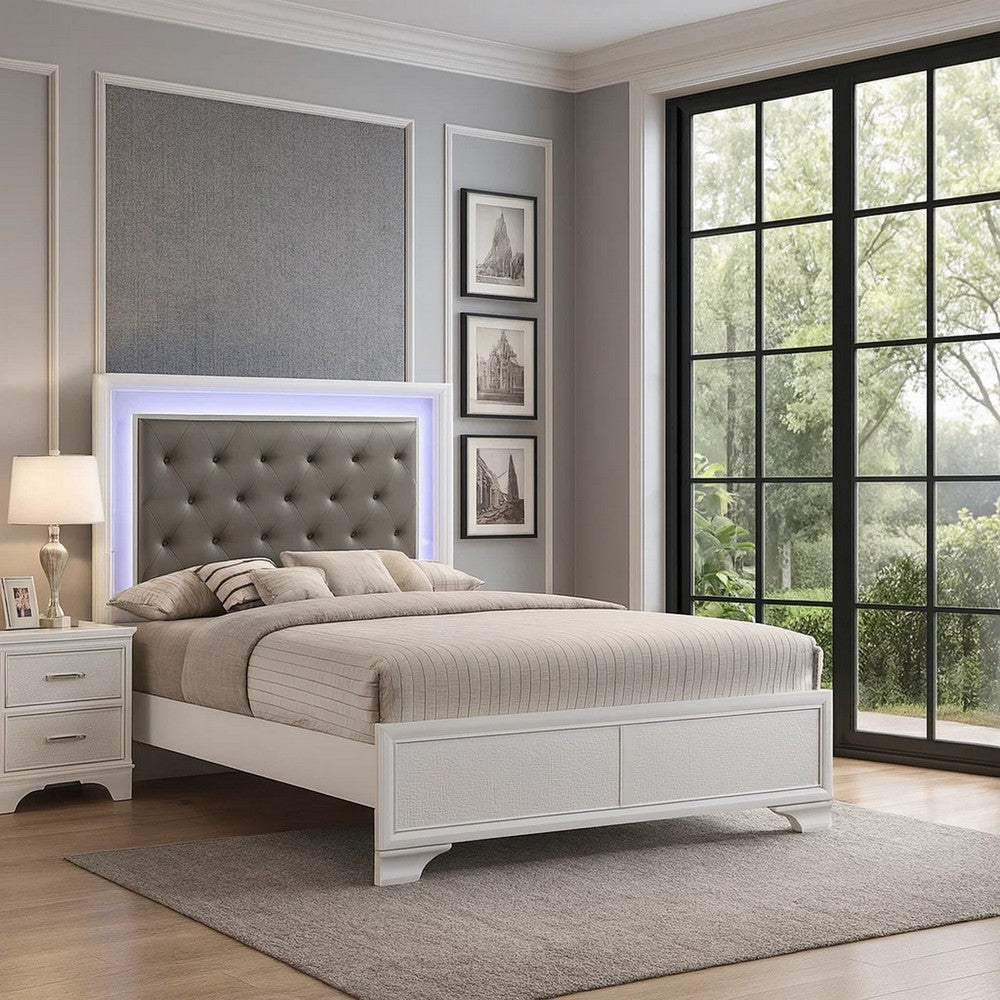 Lise Queen Size Bed, Gray Fabric Upholstery, LED Lit, Modern White Wood By Casagear Home