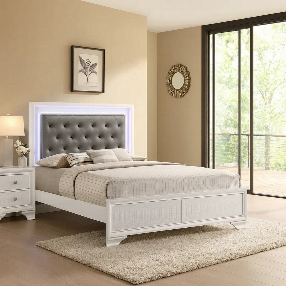 Lise Queen Size Bed, Gray Fabric Upholstery, LED Lit, Modern White Wood By Casagear Home
