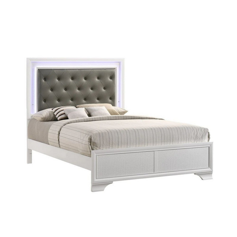 Lise Queen Size Bed, Gray Fabric Upholstery, LED Lit, Modern White Wood By Casagear Home