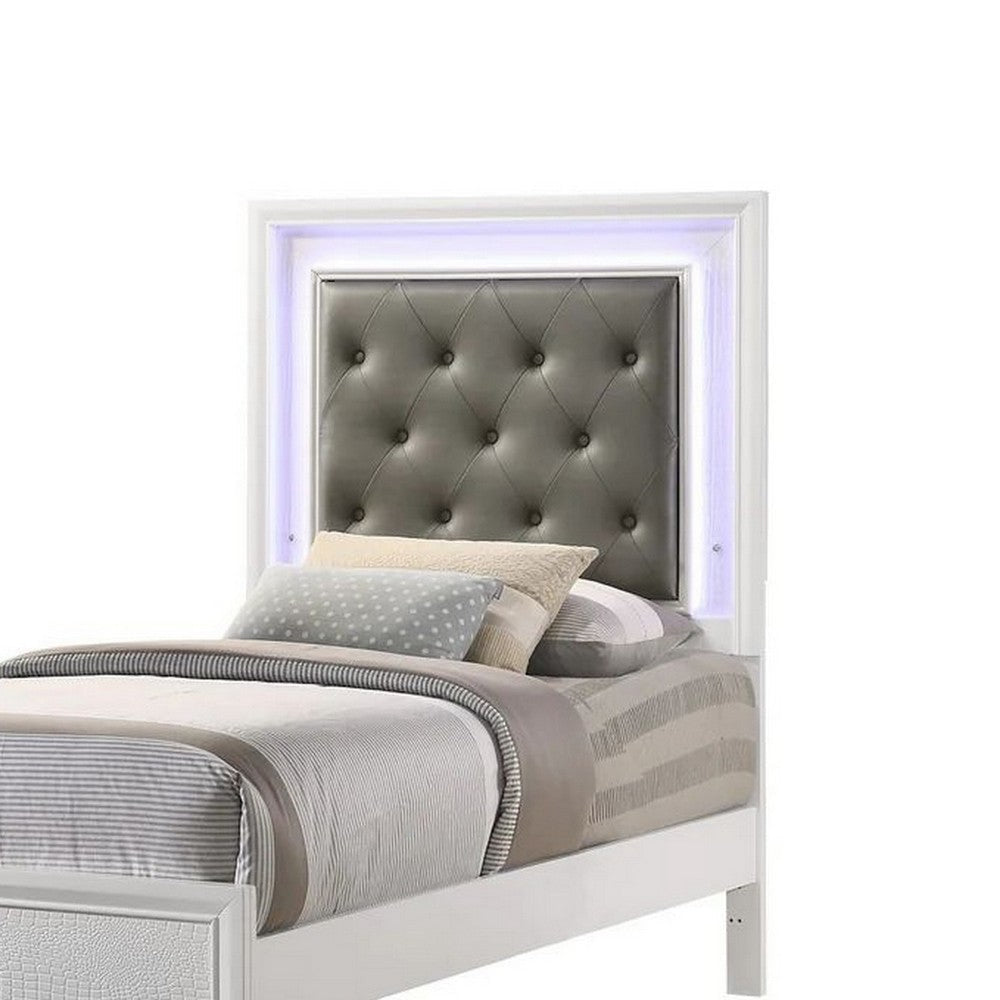 Lise Twin Size Bed Gray Fabric Upholstery LED Lit Modern White Wood By Casagear Home BM307298