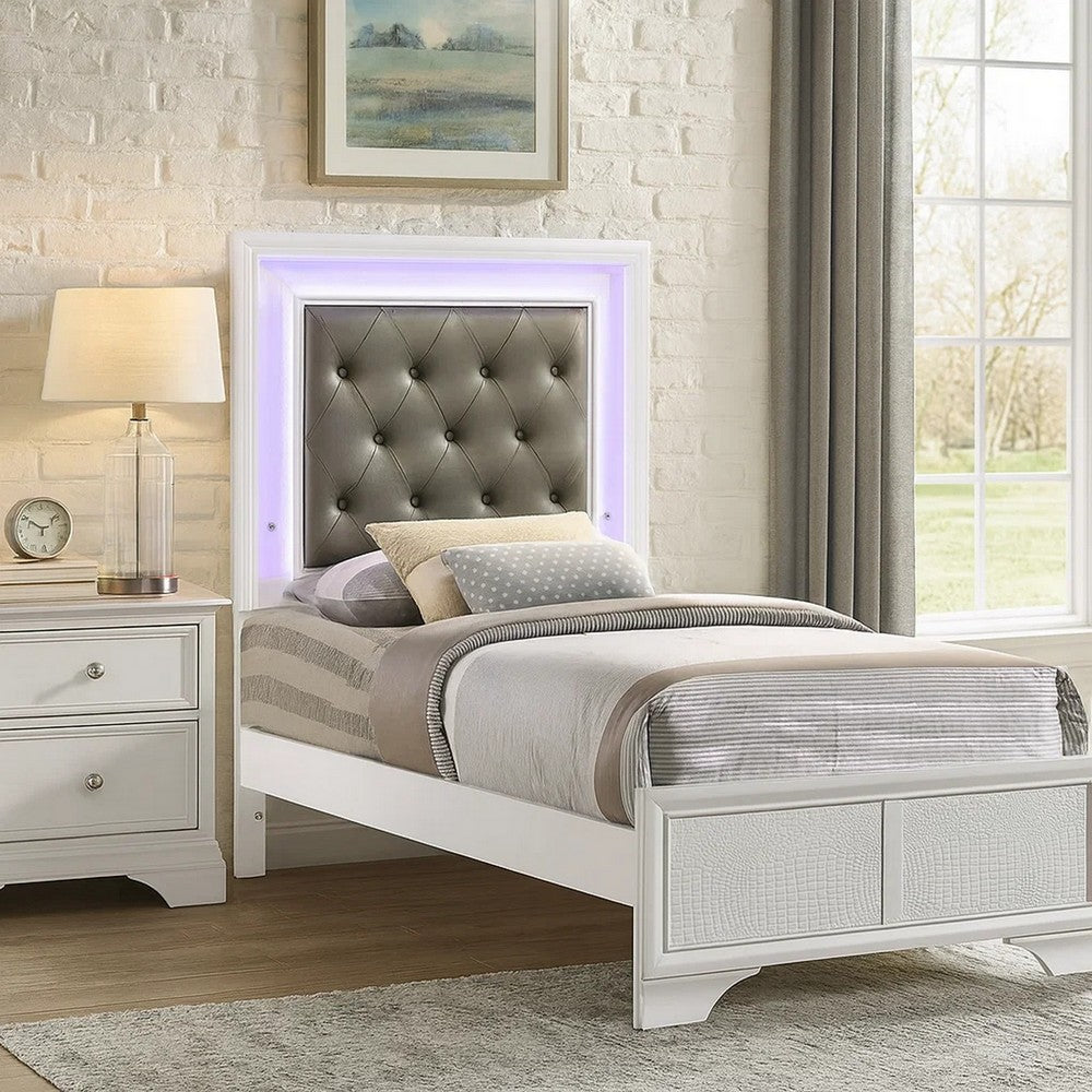 Lise Twin Size Bed, Gray Fabric Upholstery, LED Lit, Modern White Wood By Casagear Home