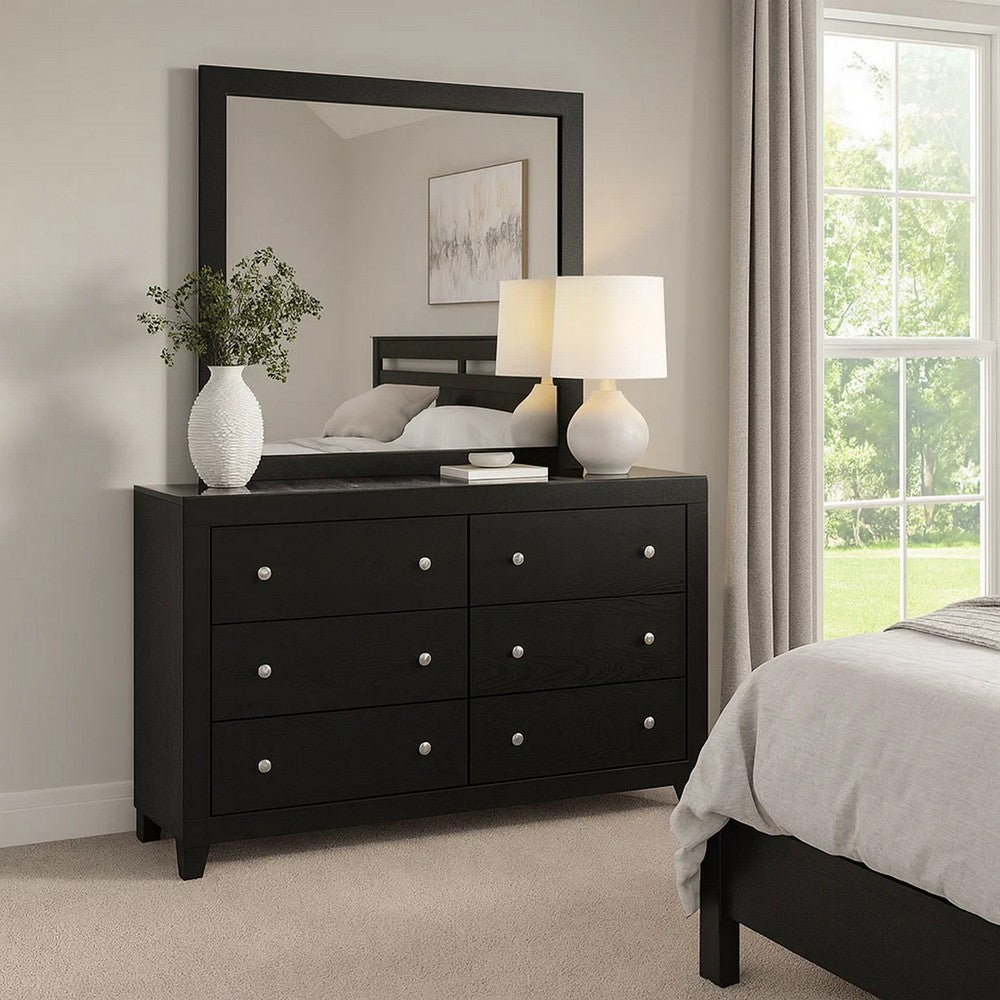 Yoh 57 Inch Wide Dresser with Mirror, 6 Drawers, Round Handles, Black Wood By Casagear Home
