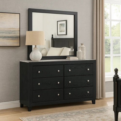 Yoh 57 Inch Wide Dresser with Mirror, 6 Drawers, Round Handles, Black Wood By Casagear Home