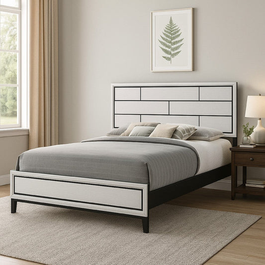 Asir King Size Bed, Geometric Panel Headboard, Modern White Wood Finish By Casagear Home