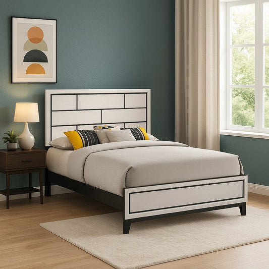 Asir Queen Size Bed, Geometric Panel Headboard, Modern White Wood Finish By Casagear Home