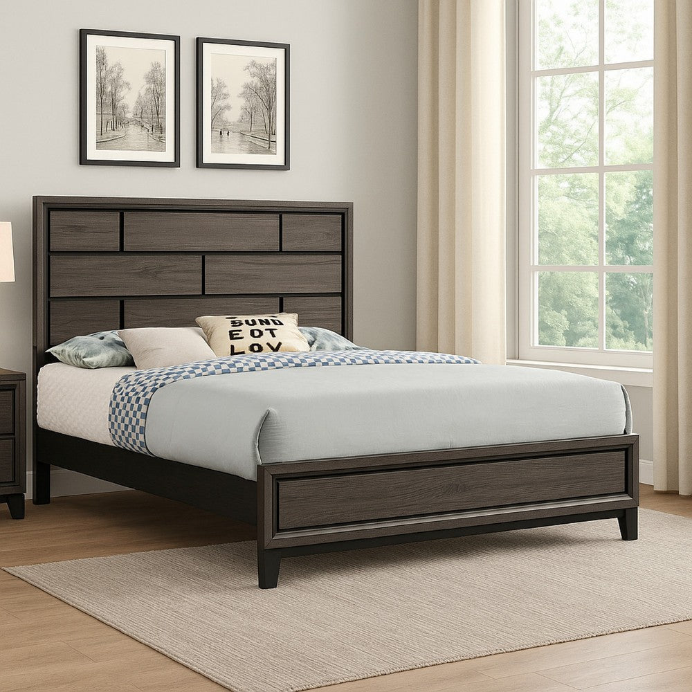 Asir Full Size Bed, Geometric Panel Headboard, Modern Gray Wood Finish By Casagear Home