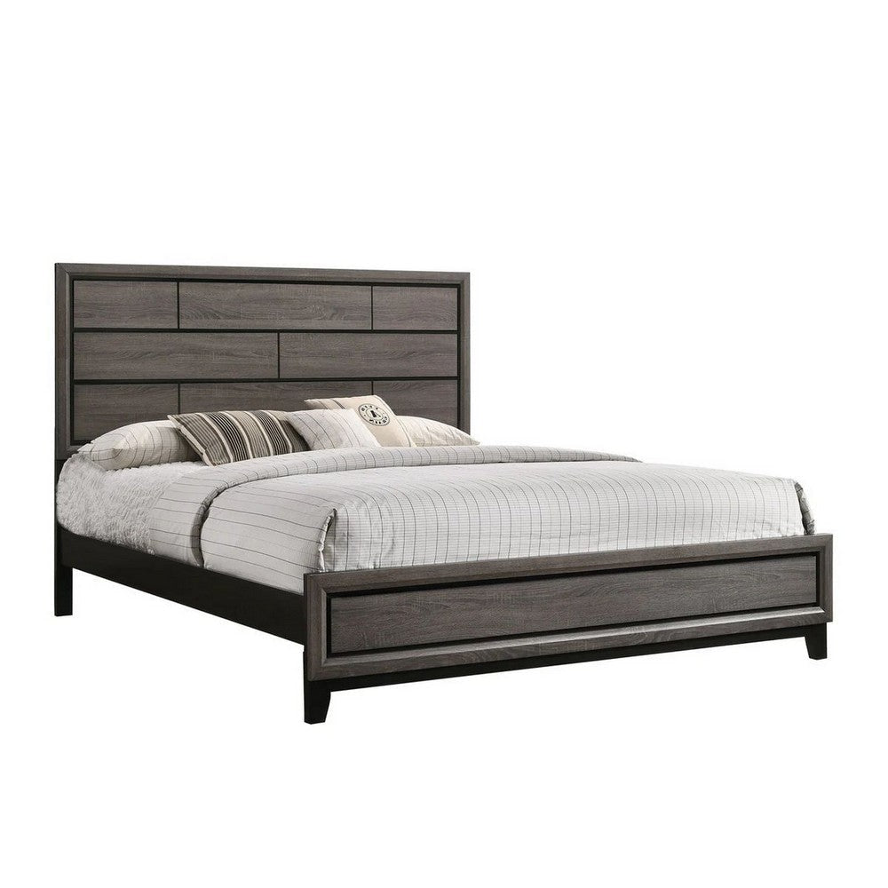 Asir King Size Bed, Geometric Panel Headboard, Modern Gray Wood Finish By Casagear Home