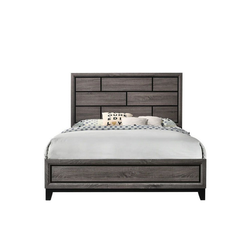 Asir Queen Size Bed Geometric Panel Headboard Modern Gray Wood Finish By Casagear Home BM307307