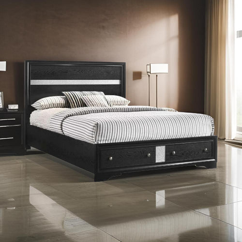 Regi King Size Bed, 2 Storage Drawers, Silver Striped Headboard, Black Wood By Casagear Home