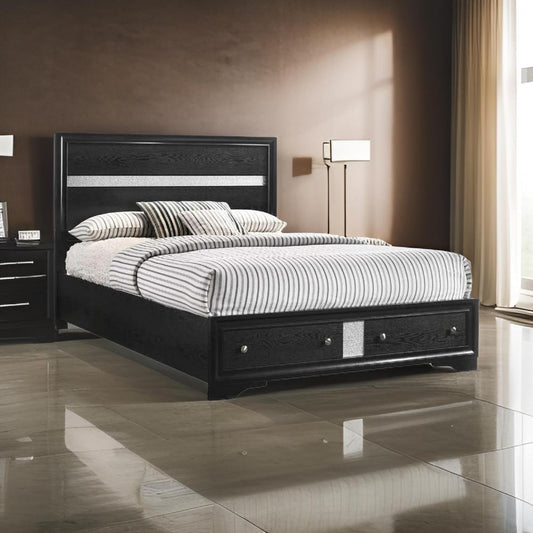 Regi King Size Bed, 2 Storage Drawers, Silver Striped Headboard, Black Wood By Casagear Home