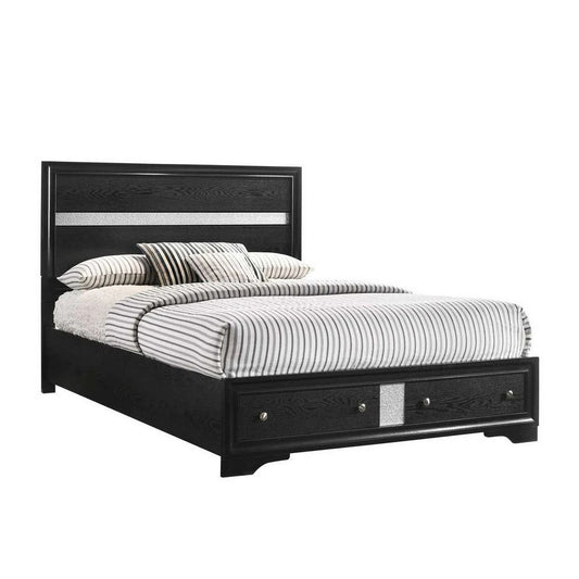 Regi King Size Bed, 2 Storage Drawers, Silver Striped Headboard, Black Wood By Casagear Home