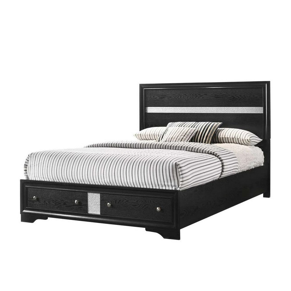 Regi Queen Bed 2 Storage Drawers Silver Striped Headboard Black Wood By Casagear Home BM307310