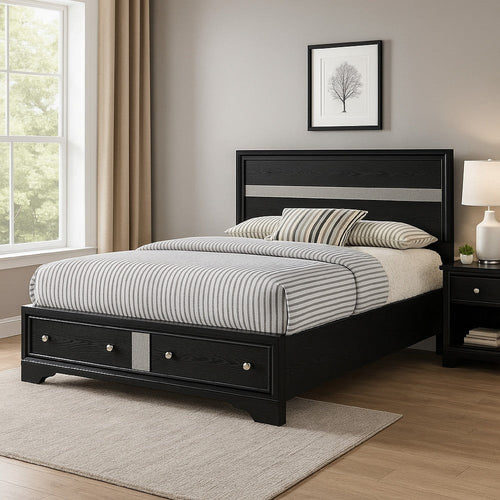 Regi Queen Bed, 2 Storage Drawers, Silver Striped Headboard, Black Wood By Casagear Home