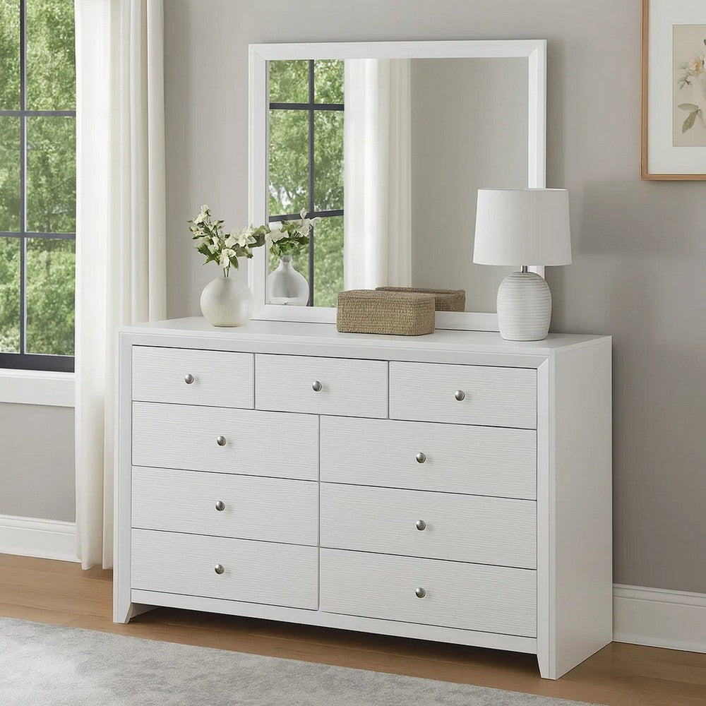 Eve 55 Inch Wide Dresser with Mirror, 9 Drawers, Metal Handles, White Wood By Casagear Home
