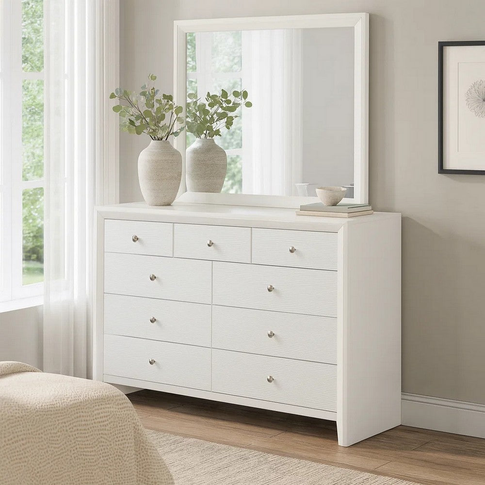 Eve 55 Inch Wide Dresser with Mirror, 9 Drawers, Metal Handles, White Wood By Casagear Home
