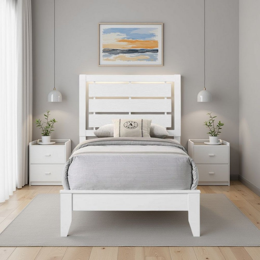Eve Twin Size Bed, Slatted Headboard, Chamfered Legs, White Wood, Modern By Casagear Home