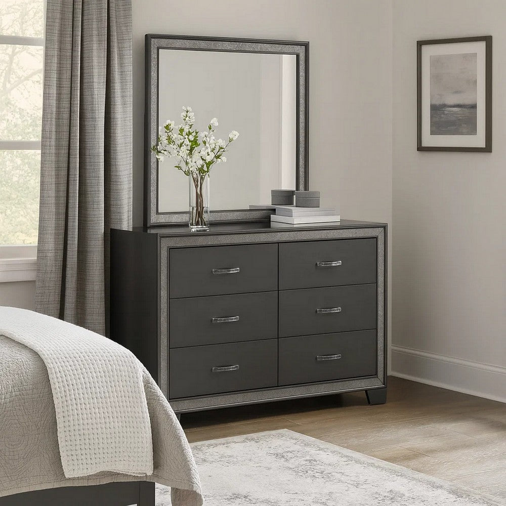 Kay 58 Inch Wide Dresser with Mirror, 6 Drawers, Shimmering Trim, Gray Wood By Casagear Home