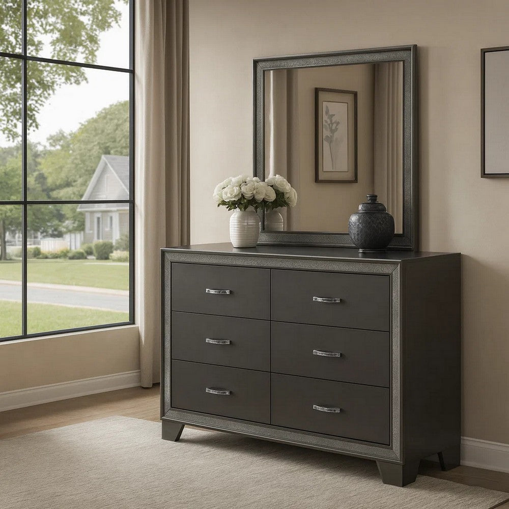 Kay 58 Inch Wide Dresser with Mirror, 6 Drawers, Shimmering Trim, Gray Wood By Casagear Home