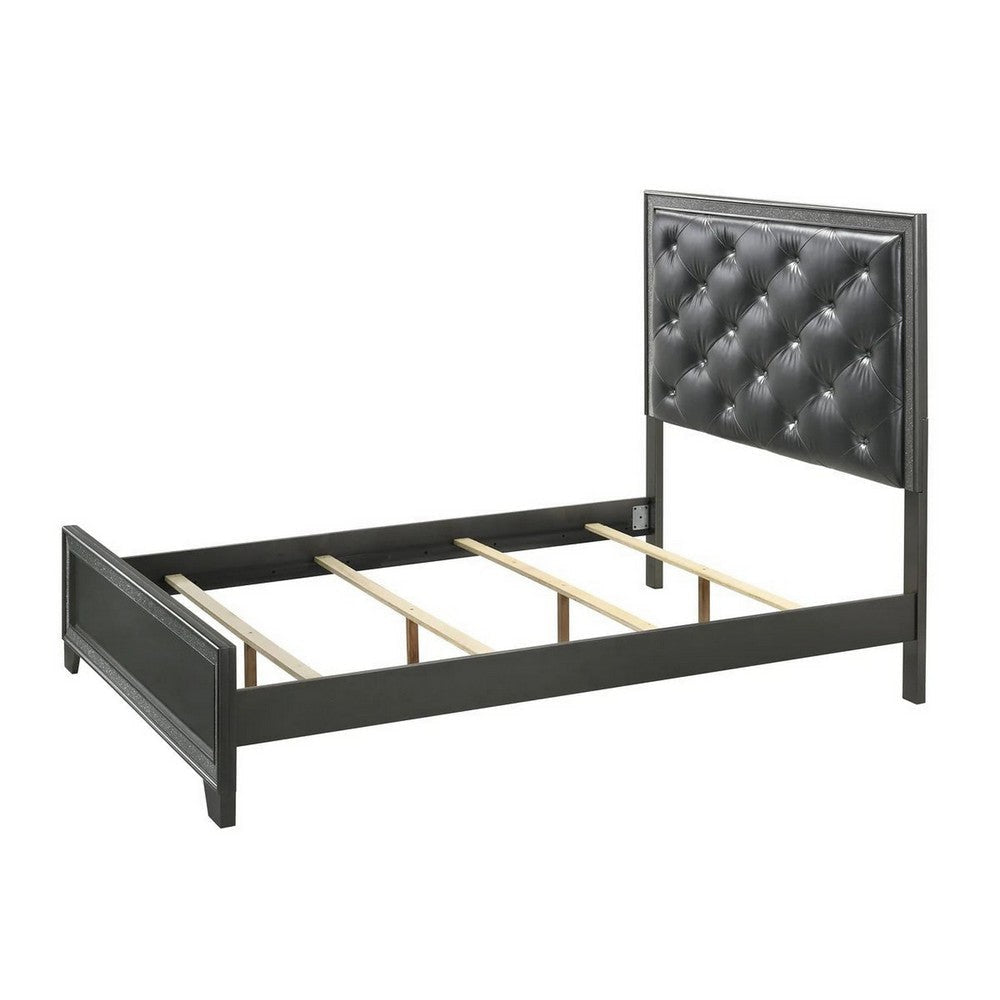 Kay King Bed Faux Diamond Tufted Gray Upholstery Silver Trim Wood By Casagear Home