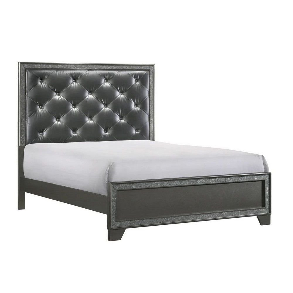 Kay King Bed Faux Diamond Tufted Gray Upholstery Silver Trim Wood By Casagear Home BM307319