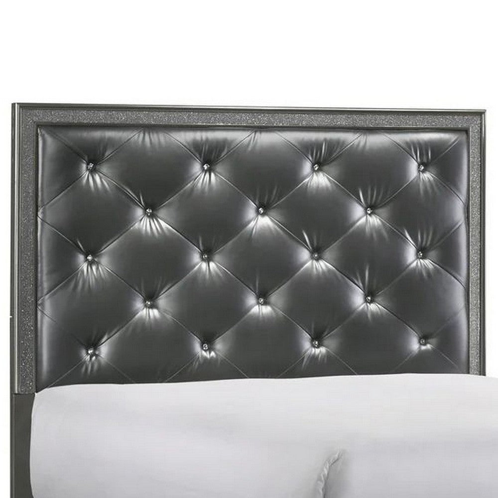 Kay King Bed Faux Diamond Tufted Gray Upholstery Silver Trim Wood By Casagear Home BM307319