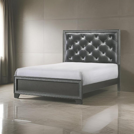 Kay King Bed, Faux Diamond Tufted, Gray Upholstery, Silver Trim, Wood By Casagear Home