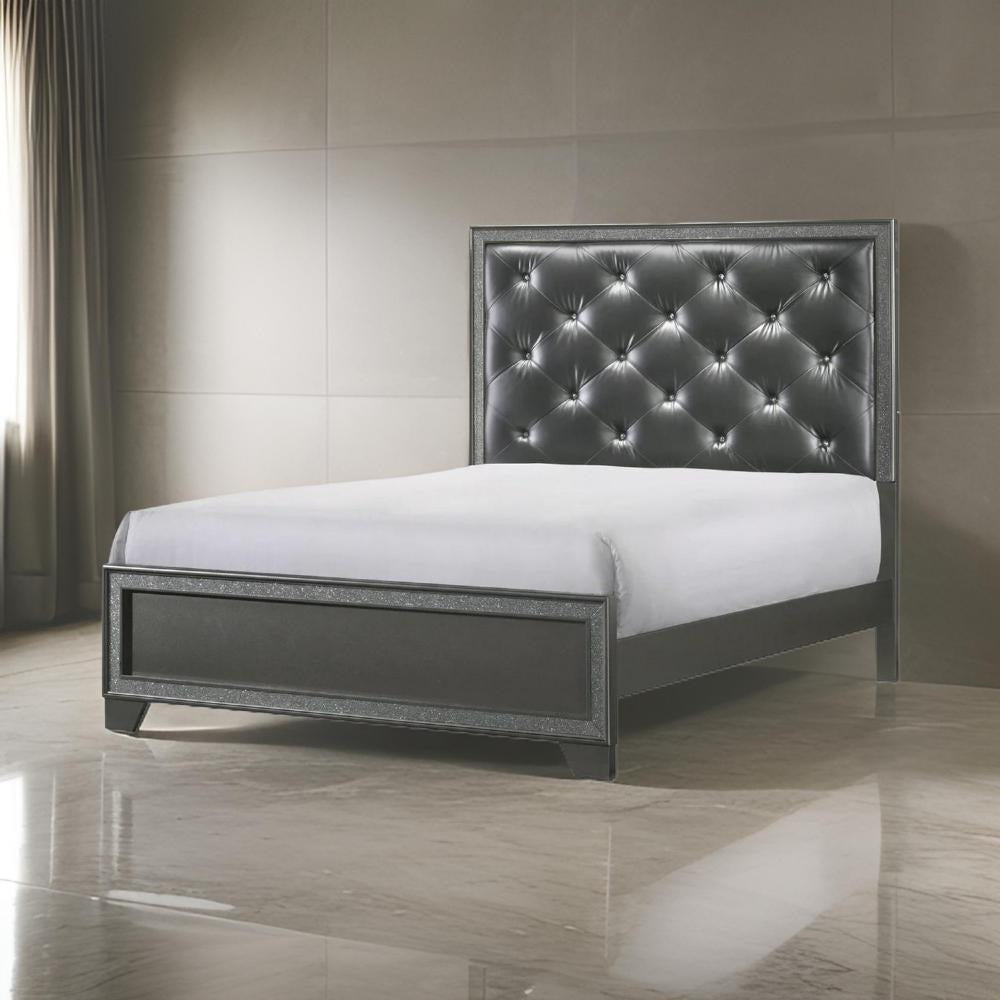 Kay King Bed, Faux Diamond Tufted, Gray Upholstery, Silver Trim, Wood By Casagear Home