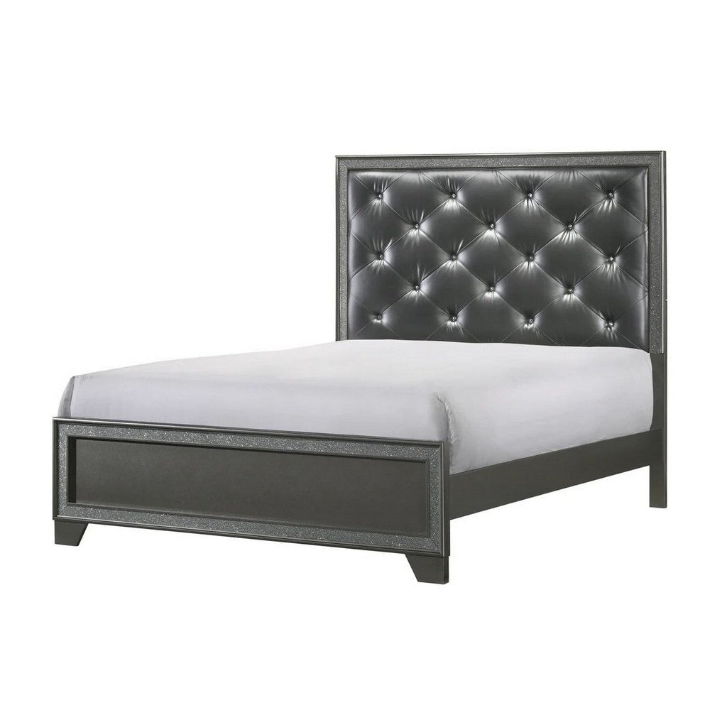 Kay Queen Bed, Faux Diamond Tufted, Gray Upholstery, Silver Trim, Wood By Casagear Home