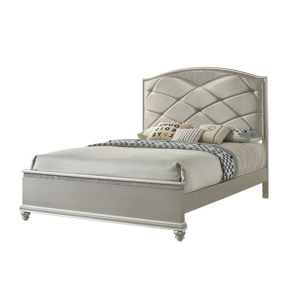 Vala Queen Bed Faux Leather Headboard Grid Tufted Acrylic Accents Taupe By Casagear Home