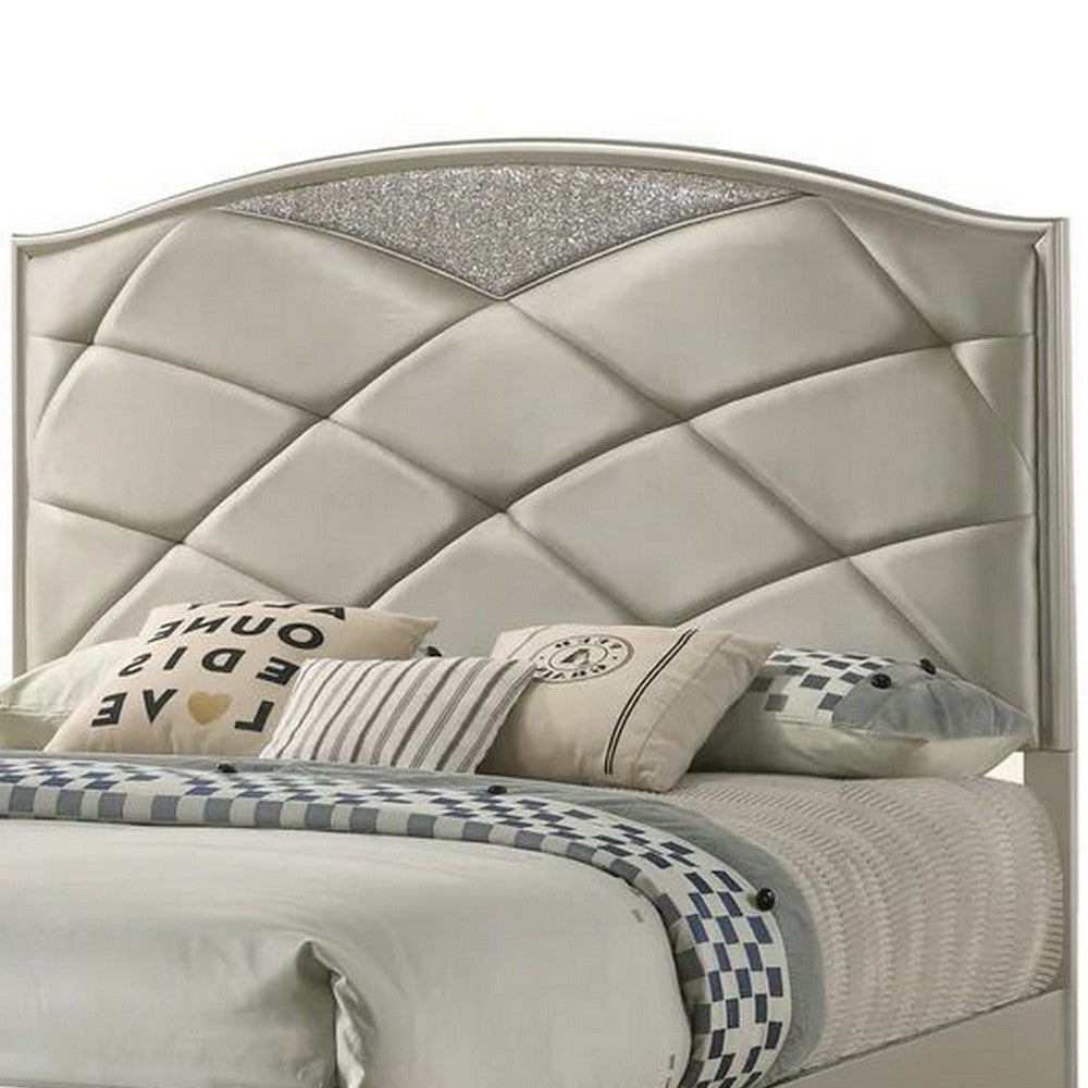 Vala Queen Bed Faux Leather Headboard Grid Tufted Acrylic Accents Taupe By Casagear Home
