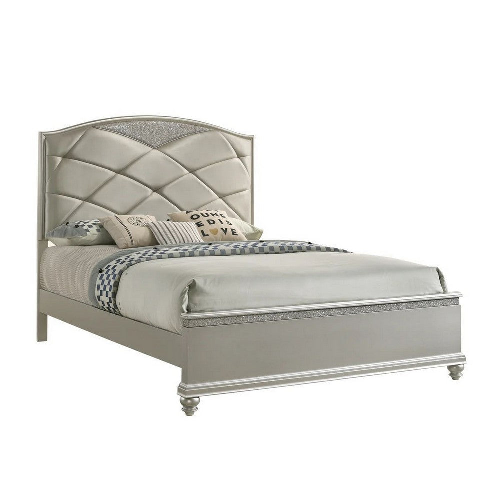 Vala Queen Bed Faux Leather Headboard Grid Tufted Acrylic Accents Taupe By Casagear Home