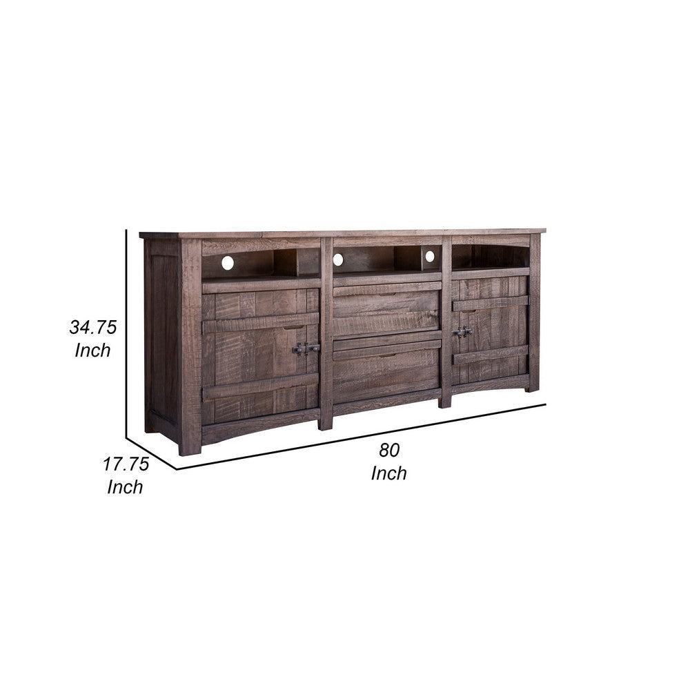 Sen 80 Inch TV Entertainment Console 2 Door Cabinets Solid Gray Wood By Casagear Home BM307368