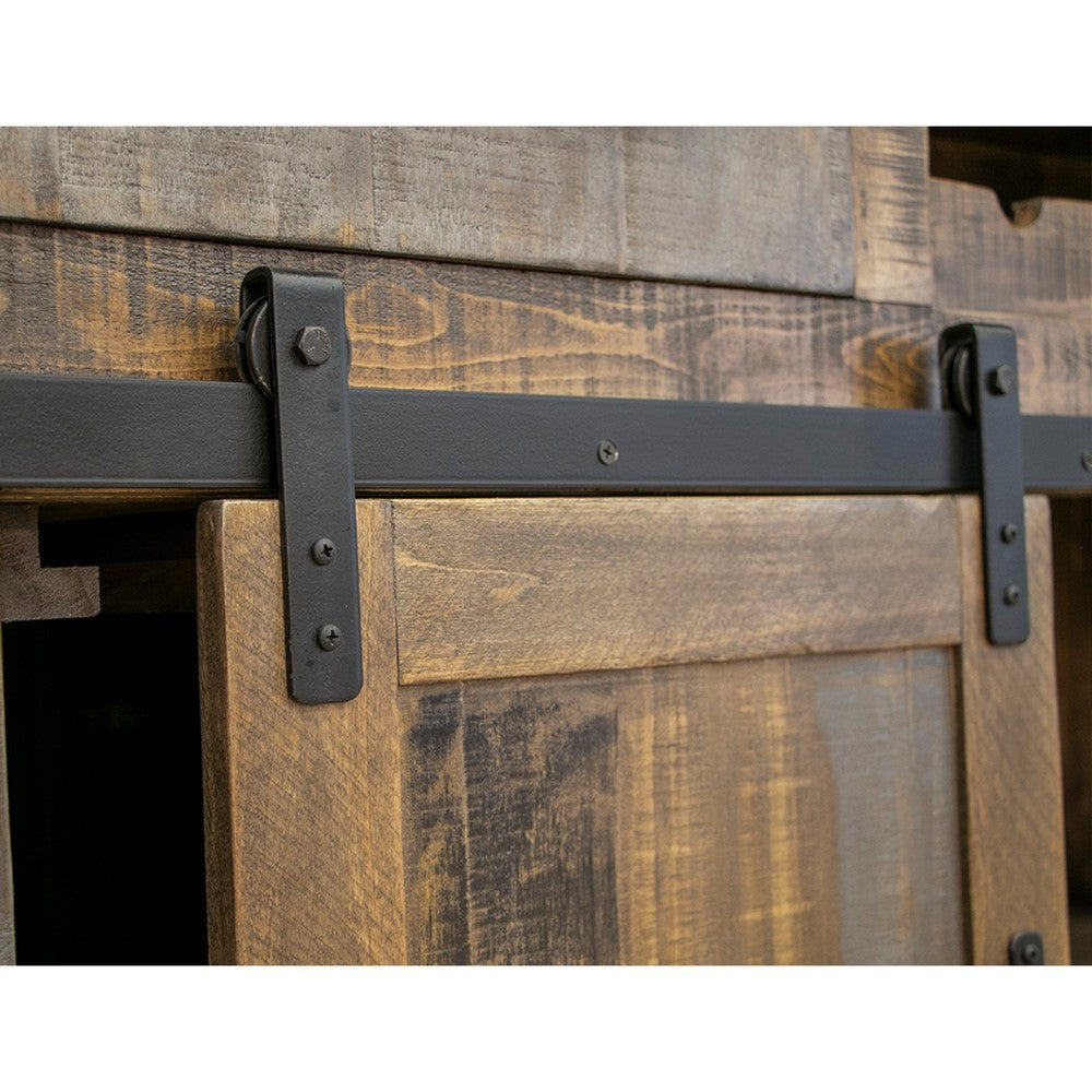 Linn 76 inch Bar Cabinet 2 Drawers Barn Doors Brown Gray Pine Wood By Casagear Home BM307369