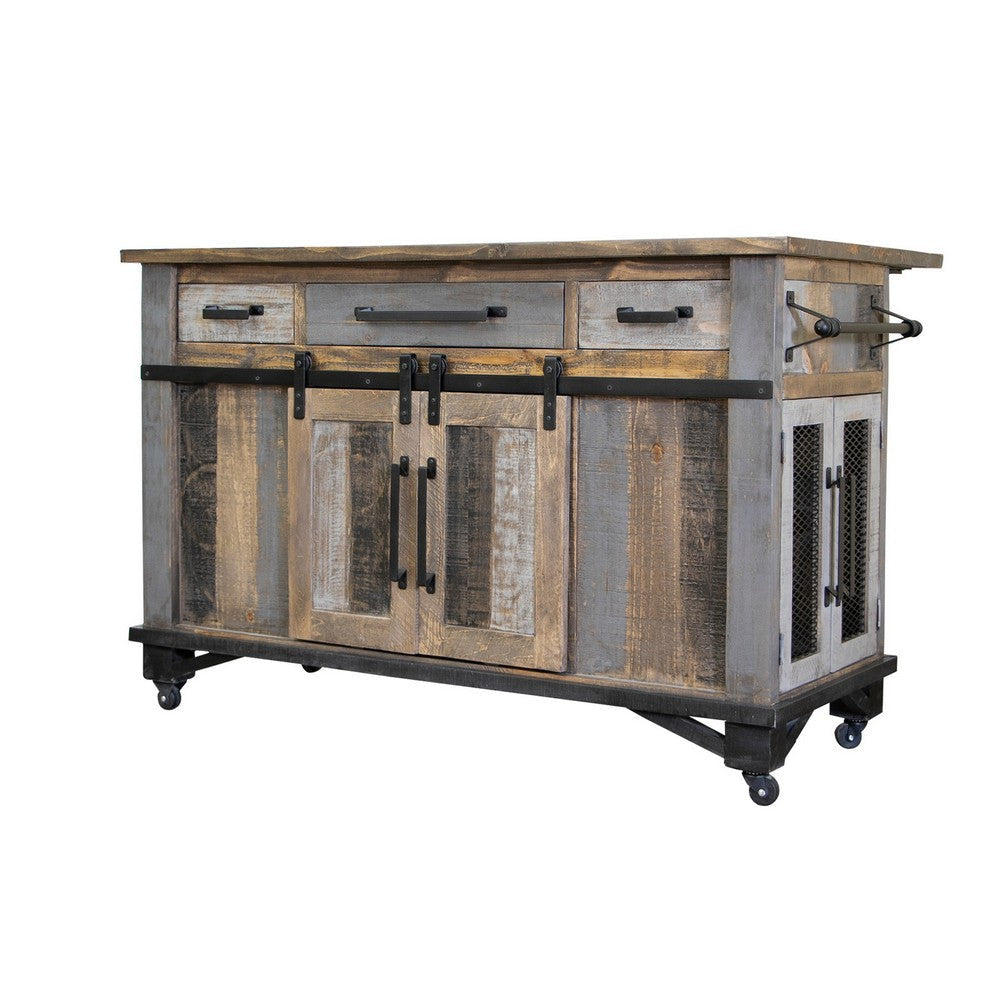 Linn 60 Inch Kitchen Island Caster Wheels Barn Door Gray Brown Solid Wood By Casagear Home BM307370