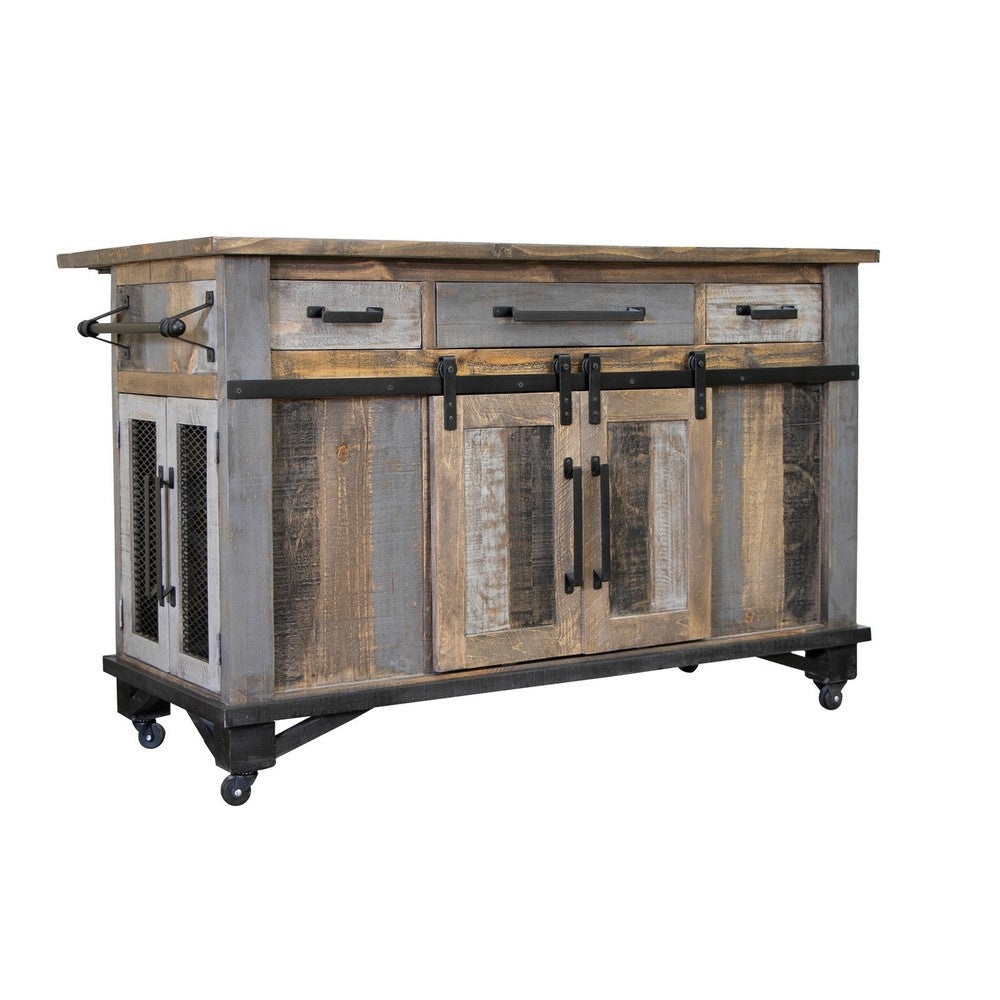 Linn 60 Inch Kitchen Island, Caster Wheels, Barn Door Gray Brown Solid Wood By Casagear Home
