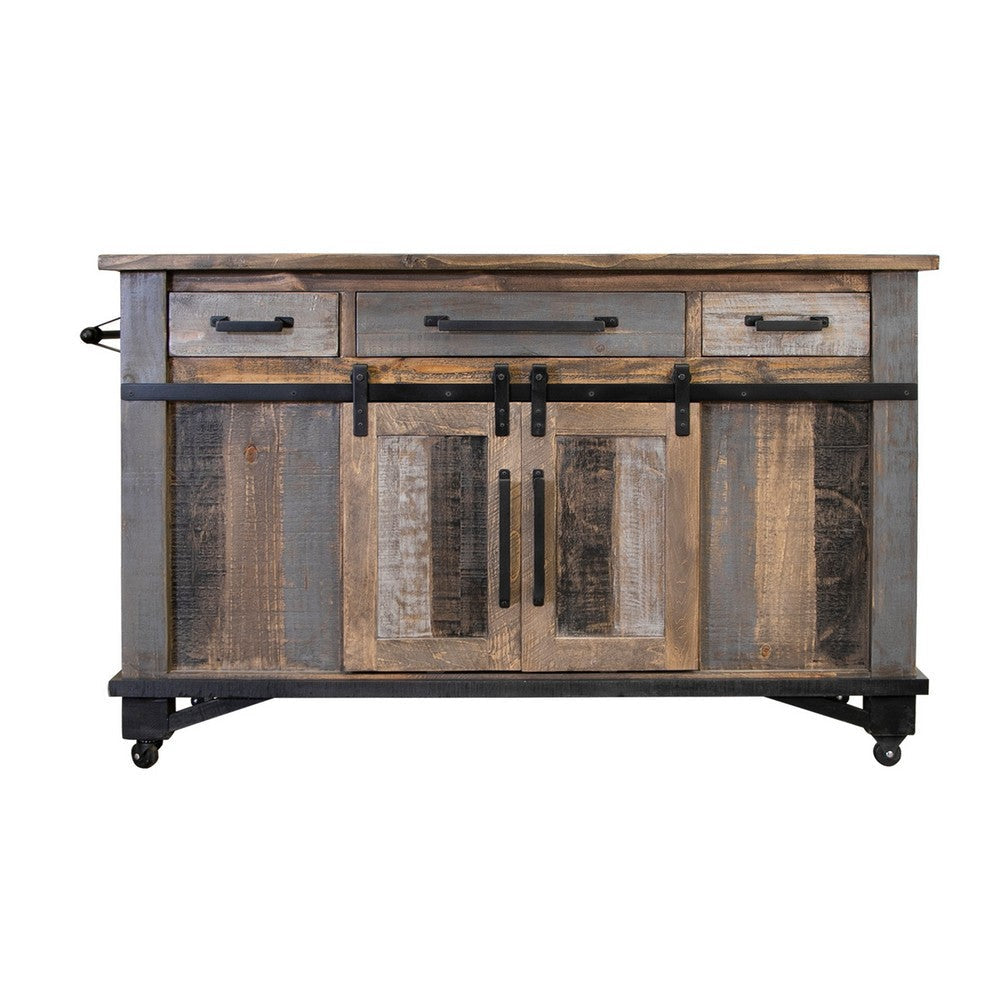 Linn 60 Inch Kitchen Island, Caster Wheels, Barn Door Gray Brown Solid Wood By Casagear Home