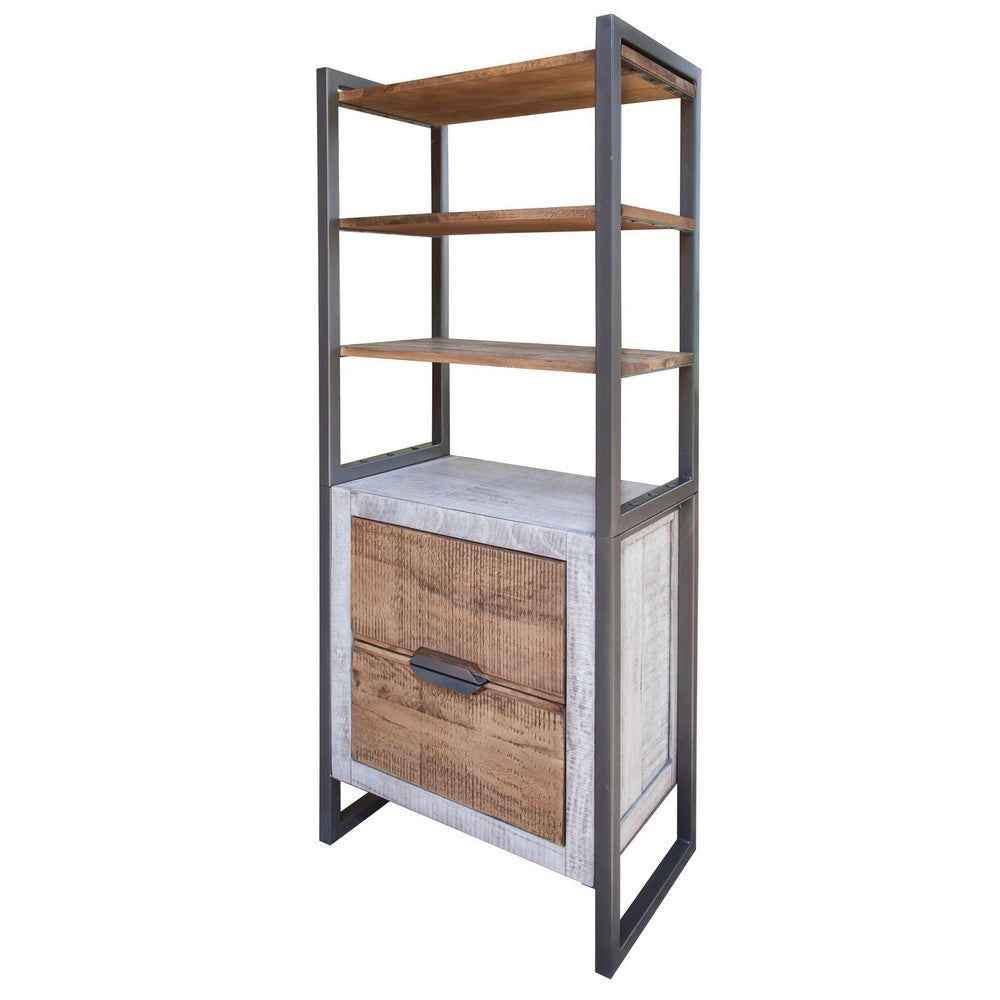 Dome 70 Inch Bookcase, 2 Drawers, 3 Shelves, Iron Handles, Solid Brown Wood By Casagear Home