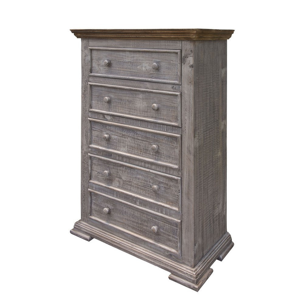 Zen 54 Inch Tall Dresser Chest, 5 Drawers, Dual Tone, Gray, Brown Pine Wood By Casagear Home