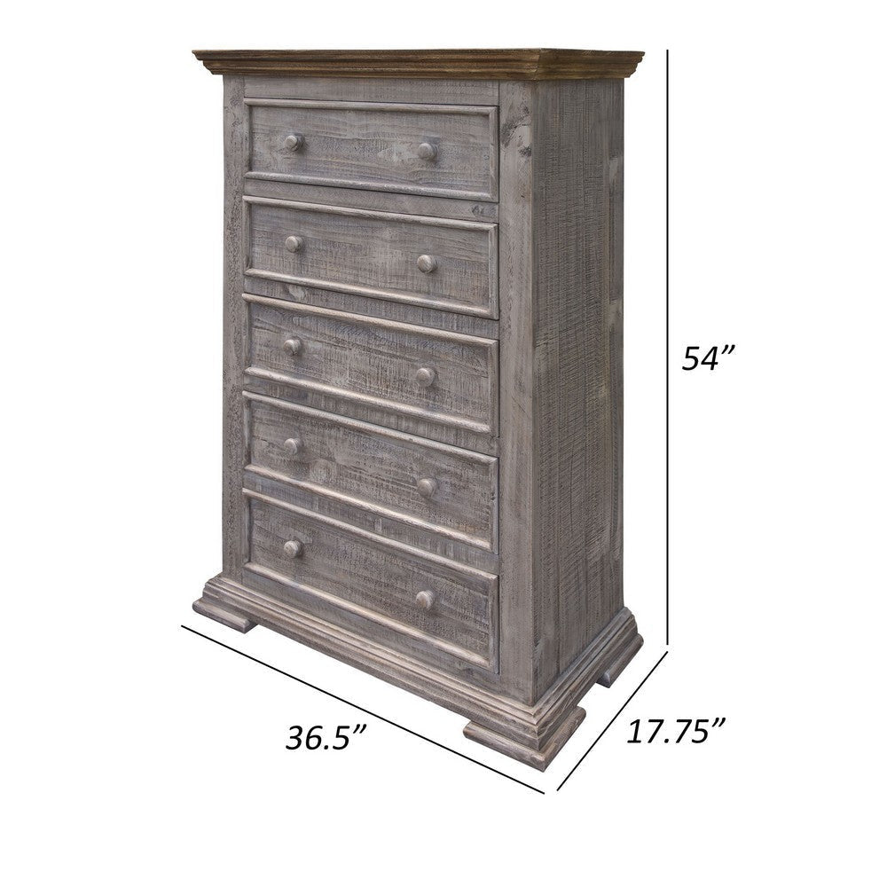 Zen 54 Inch Tall Dresser Chest 5 Drawers Dual Tone Gray Brown Pine Wood By Casagear Home BM307378