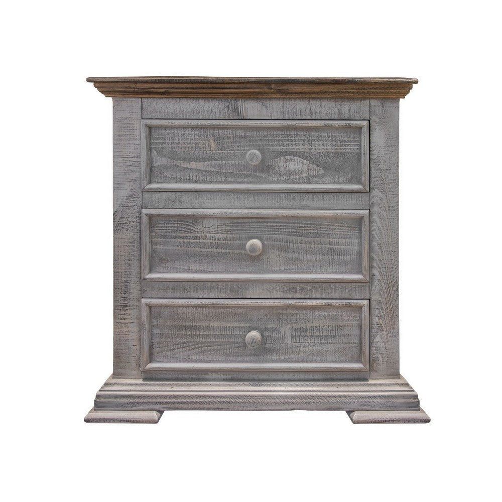 Zen 32 Inch Nightstand 3 Drawers Dual Tone Gray Solid Brown Pine Wood By Casagear Home BM307380