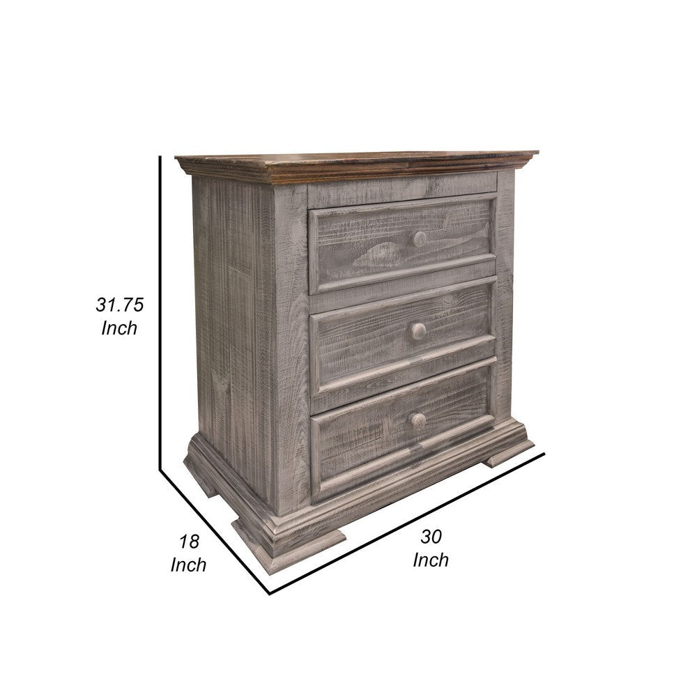 Zen 32 Inch Nightstand 3 Drawers Dual Tone Gray Solid Brown Pine Wood By Casagear Home BM307380