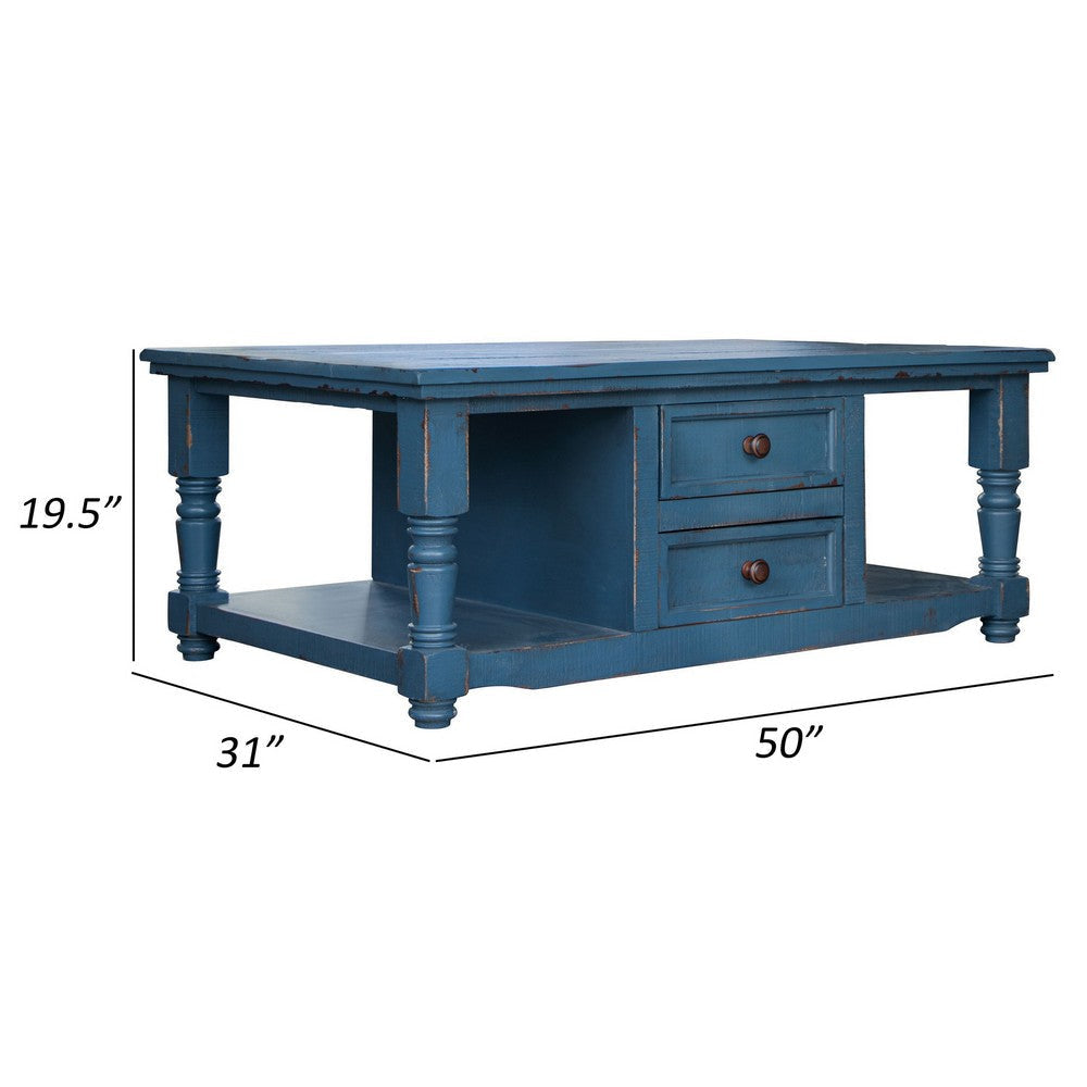 Genie 50 Inch Cocktail Coffee Table 4 Drawers Shelves Blue Pine Wood By Casagear Home BM307385