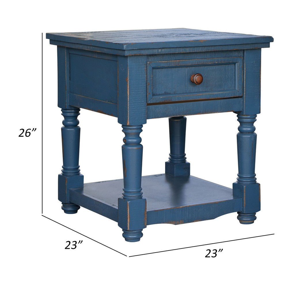 Genie 26 Inch End Table 1 Drawer Open Shelf Dark Blue Solid Pine Wood By Casagear Home BM307387