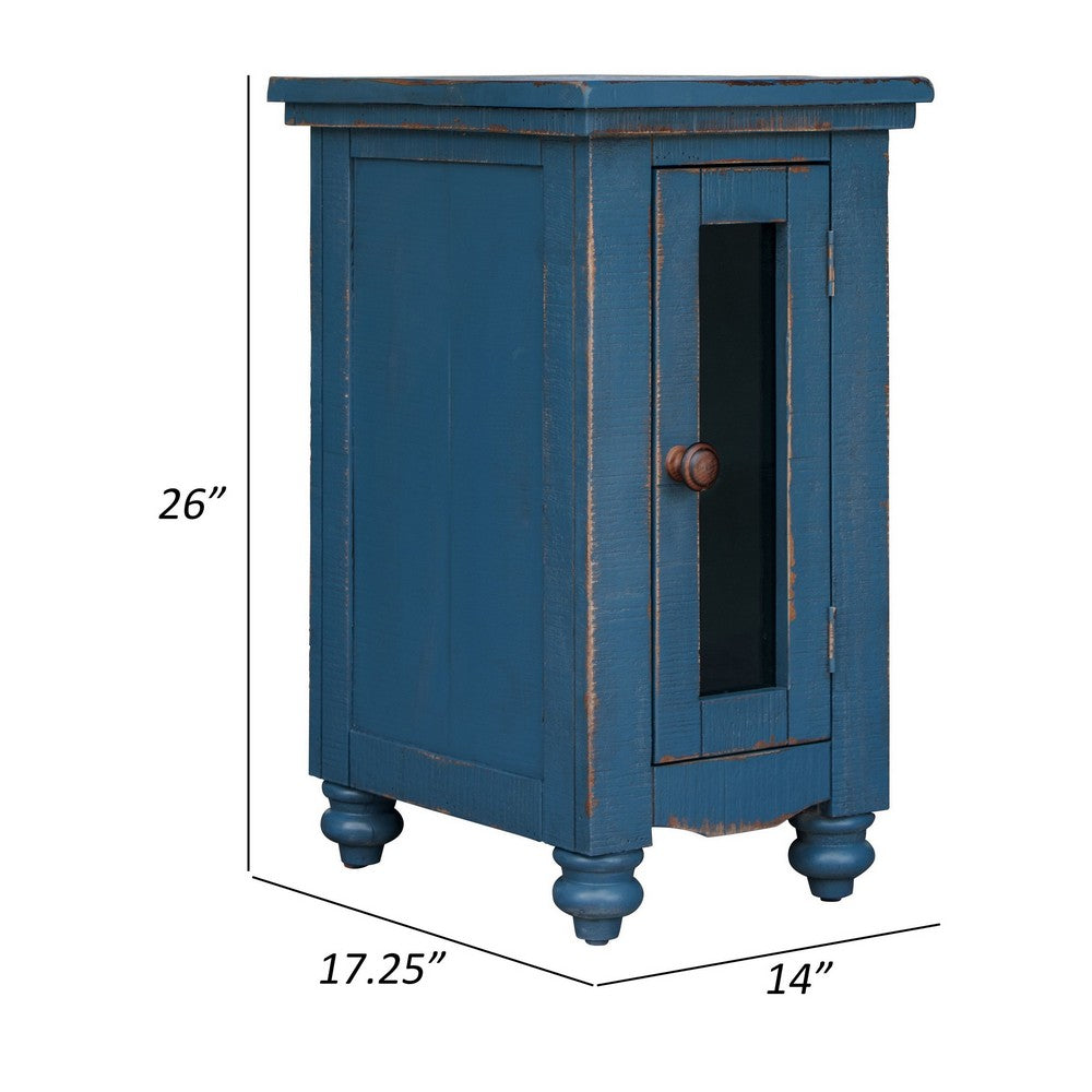 Genie 26 Inch Chairside Table, 1 Door, Turned Legs, Dark Blue Pine Wood By Casagear Home