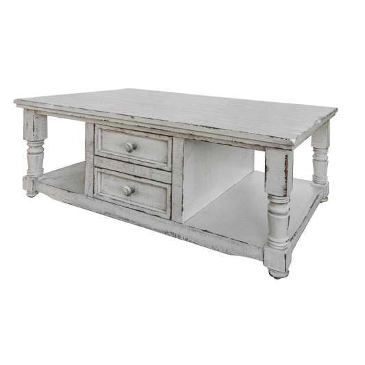 Genie 50 Inch Cocktail Coffee Table 4 Drawer Shelves White Mango Wood By Casagear Home BM307389