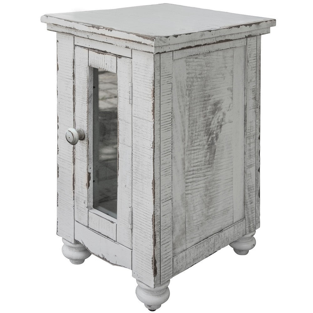 Genie 26 Inch Chairside Table, 1 Door, Turned Legs, White Solid Mango Wood By Casagear Home