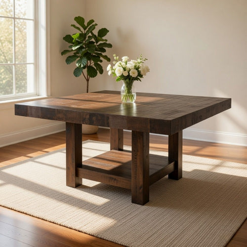 Linn 54 Inch Square Dining Table, Open Shelf, Gray, Rustic Brown Pine Wood By Casagear Home