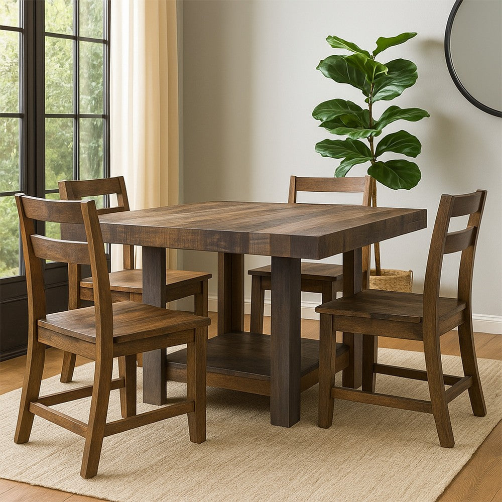 Linn 54 Inch Square Dining Table, Open Shelf, Gray, Rustic Brown Pine Wood By Casagear Home